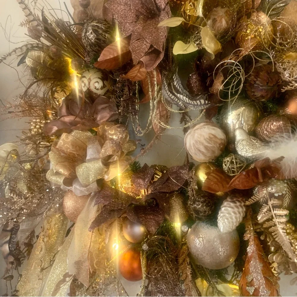 New Large 32” Elegant Floral Christmas Bronze Gold Luxury Wreath With Lights